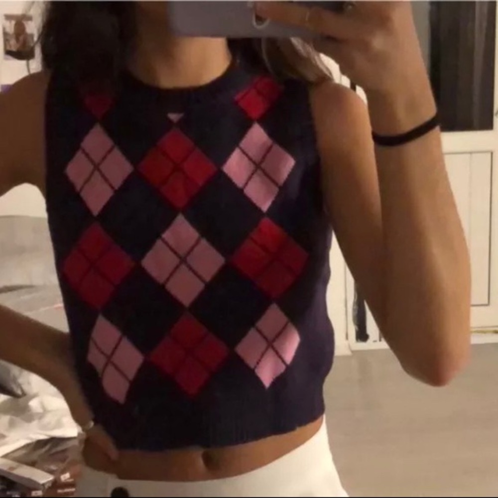 Purple Argyle sweater.